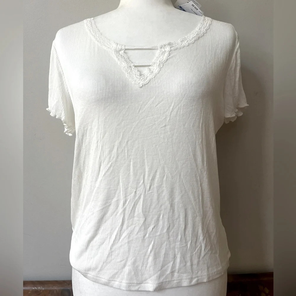 Hippie‎ Rose Ribbed Short Sleeve V Neck Cut Out Top Junior XL Lace Off White NWT